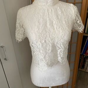 Apeach Women Sheer Floral Lace Crop Top  Mock Neck Slim Fitted Blouse Top Small